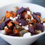 Roasted Sweet Potatoes and Brussels Sprouts with Feta and Beets